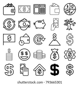 Dollar icons. set of 25 editable outline dollar icons such as coin, money box, cash payment, money tree, atm, marketing, buying a house, wallet, payment