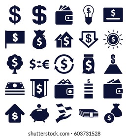 Dollar icons set. set of 25 dollar filled icons such as Coin, money on hand, Wallet, buying a house, piggy bank, money tree, wallet