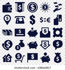 Dollar icons set. set of 25 dollar filled icons such as wallet, atm money withdraw, money on hand, piggy bank, creadit card payment, dolar growth, bank support