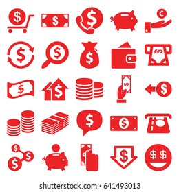 Dollar icons set. set of 25 dollar filled icons such as wallet, coin, atm money withdraw, payment, coin, crown, cash payment, piggy bank, hand on coin, dolar growth