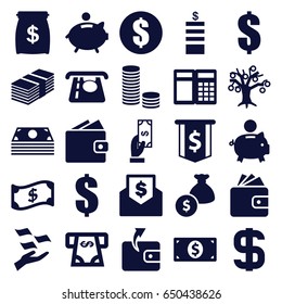 Dollar icons set. set of 25 dollar filled icons such as coin, atm money withdraw, payment, wallet, money on hand, piggy bank, crown, wallet, atm