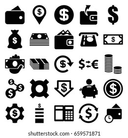 Dollar icons set. set of 25 dollar filled icons such as money, coin, atm money withdraw, wallet, wallet, piggy bank, atm, illustrgeneric currencyation