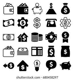 Dollar icons set. set of 25 dollar filled and outline icons such as coin, money sack, atm money withdraw, buying a house, wallet, crown, wallet, coin, dolar growth, atm