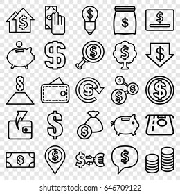 Dollar icons set. set of 25 dollar outline icons such as money, atm money withdraw, wallet, coin, piggy bank, wallet, cash payment