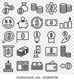 Dollar icons set. set of 25 dollar outline icons such as coin, money, payment, money, wallet, coin, bank, coin on hand, piggy bank