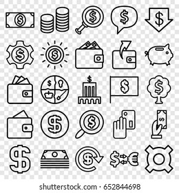 Dollar icons set. set of 25 dollar outline icons such as wallet, payment, wallet, coin, money tree, creadit card payment, bank, illustrgeneric currencyation