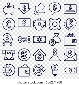 Dollar icons set. set of 25 dollar outline icons such as wallet, atm money withdraw, buying a house, piggy bank, coin, bank support