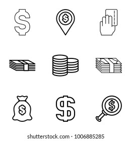 Dollar icons. set of 9 editable outline dollar icons such as coin, money sack, money