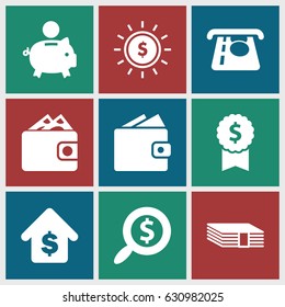 Dollar icons set. set of 9 dollar filled icons such as atm money withdraw, buying a house, wallet, money