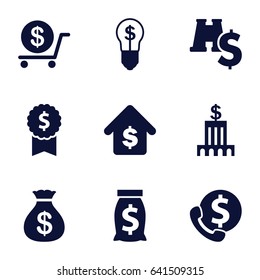 Dollar icons set. set of 9 dollar filled icons such as money sack, buying a house, bank, money sack