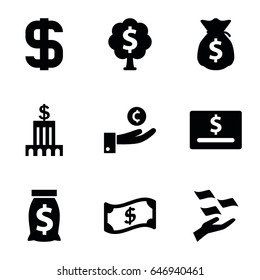 Dollar icons set. set of 9 dollar filled icons such as money on hand, money tree, money sack, bank, crown