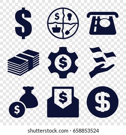 Dollar icons set. set of 9 dollar filled icons such as atm money withdraw, money on hand