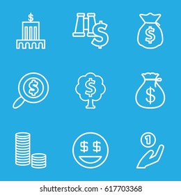 Dollar icons set. set of 9 dollar outline icons such as Money sack, money tree, money sack, bank, coin on hand