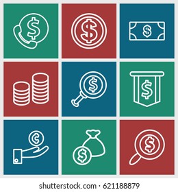 Dollar icons set. set of 9 dollar outline icons such as Money, coin, hand on coin, bank support