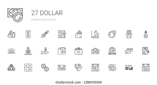 dollar icons set. Collection of dollar with exchange, sale, debit card, credit card, coins, currency, profits, pocket, wallet, investment. Editable and scalable dollar icons.