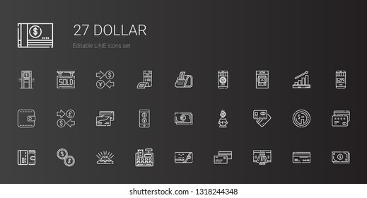 dollar icons set. Collection of dollar with payment method, credit card, cash register, gold, coins, wallet, debit card, saving, cash, currency. Editable and scalable dollar icons.