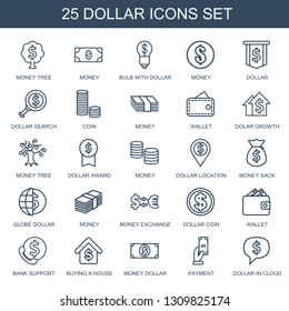 iconos en dólares. Iconos de moda de 25 dólares. Contienen íconos como el árbol del dinero, el dinero, el bulbo con el dólar, el dinero, la búsqueda, la moneda, la cartera, el crecimiento del dólar. para web y móvil.