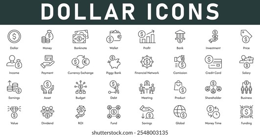 Dollar Icons vector illustration with thin line editable stroke contains money wallet banknote profit price income payment commission salary earnings budget funding saving ROI dividend