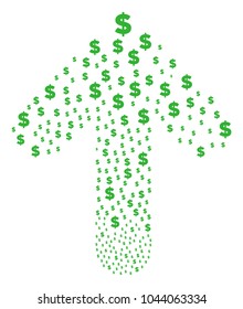 Dollar illustration done in the combination of forward motion arrow. Up direct arrow collage made from dollar pictograms.