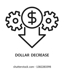 Dollar increase, coin with gears and arrow down. Line vector. Isolate on white background.