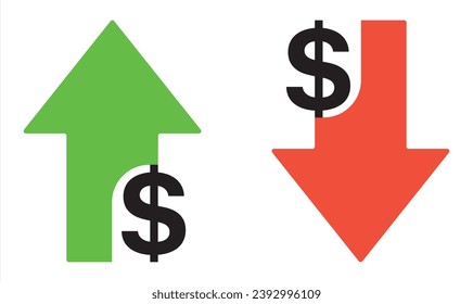 Dollar increase and decrease icon. Cost reduction icon price lower arrow. Colorful cost reduction signs. Financial benefit concept. Vector illustration