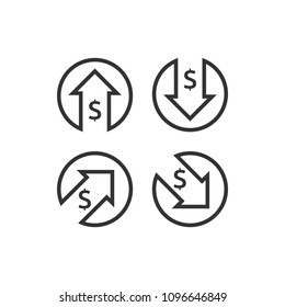 dollar increase decrease icon. Money symbol with arrow stretching rising up and drop fall down. Business cost sale and reduction icon. vector illustration.