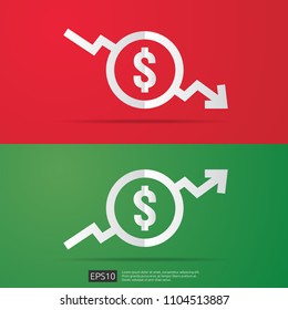 dollar increase decrease icon. Money symbol with arrow stretching rising up and drop fall down. Business cost sale and reduction icon. vector illustration.