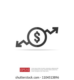 dollar increase decrease icon. Money symbol with arrow stretching rising up and drop fall down. Business cost sale and reduction icon. vector illustration.