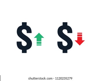 dollar increase decrease icon. Money symbol with arrow stretching rising up and drop fall down. Business cost sale and reduction icon. vector illustration.