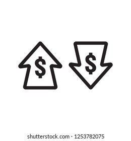 dollar increase decrease icon. Money symbol with arrow stretching rising up and drop fall down. Business cost sale and reduction icon. vector illustration.