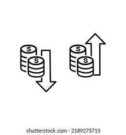Dollar increase decrease icon. Money symbol with arrow stretching rising up and drop fall down. Business cost sale and reduction icon. vector illustration.