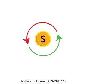 Dólar aumentar e diminuir ícone, dinheiro, cifrão sinal com seta para cima e para baixo em forma redonda