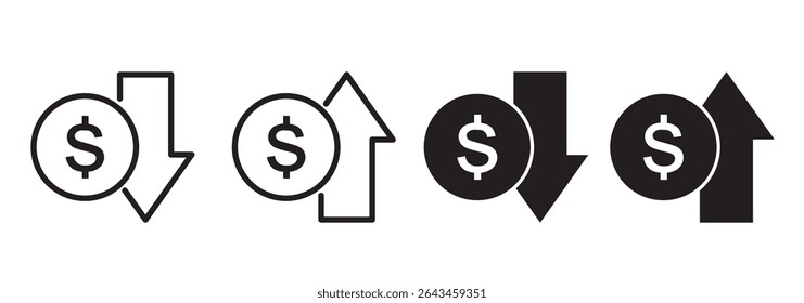 Dollar increase and dollar decrease symbol set. Dollar price up and down icon. Dollar coin graph up and down. Money cost arrow growth, decline. Vector illustration. 
