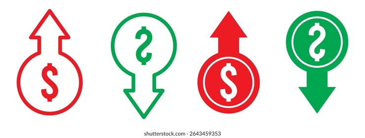 Dollar increase and dollar decrease symbol set. Dollar price up and down icon. Dollar coin graph up and down. Money cost arrow growth, decline. Vector illustration. 