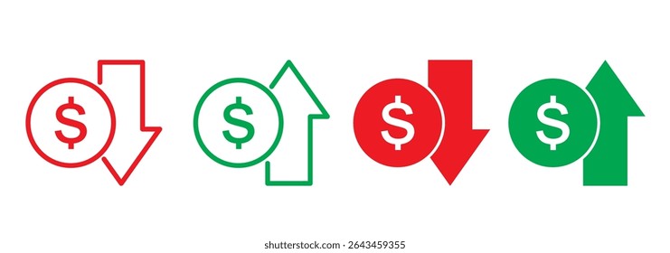 Dollar increase and dollar decrease symbol set. Dollar price up and down icon. Dollar coin graph up and down. Money cost arrow growth, decline. Vector illustration. 