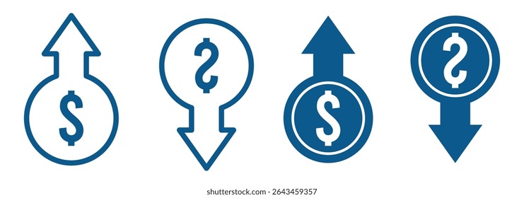 Dollar increase and dollar decrease symbol set. Dollar price up and down icon. Dollar coin graph up and down. Money cost arrow growth, decline. Vector illustration. 