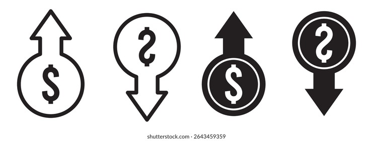 Dollar increase and dollar decrease symbol set. Dollar price up and down icon. Dollar coin graph up and down. Money cost arrow growth, decline. Vector illustration. 