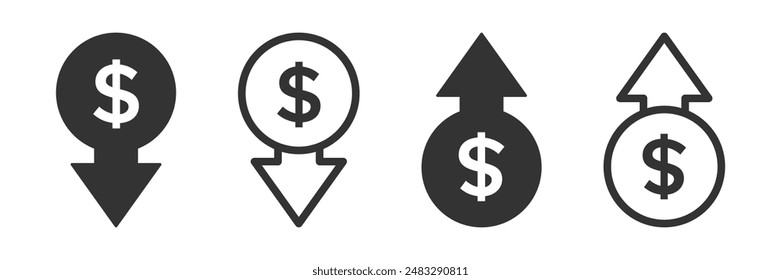 Dollar increase and dollar decrease vector signs set