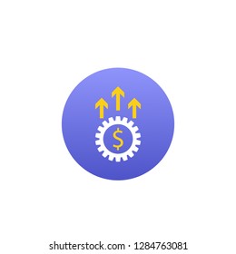 dollar increase icon with gear shape. Money symbol with arrow rising up. Business cost sale icon with purple background design. vector illustration.