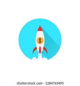 dollar increase icon with rocket launching shape. Money symbol with arrow rising up. Business cost sale icon with purple background design. vector illustration.