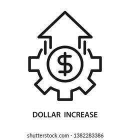 Dollar increase, money with gear and arrow up. Line vector. Isolate on white background.