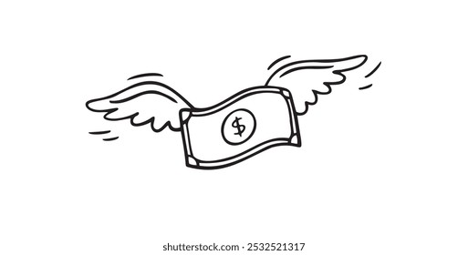 Icono dibujado a mano del garabato de la inflación del dólar con las alas. ilustración de un dinero con las alas que se elevan alto. Ilustración vectorial