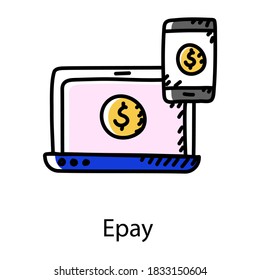 Dólar dentro del teléfono móvil y laptop que denota icono de epay en vector de doodle 