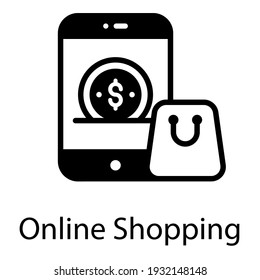 Dollar inside mobile with shopping bag denoting online shopping solid icon
