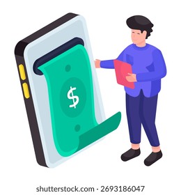 Dollar inside smartphone, illustration of mobile money withdrawal 