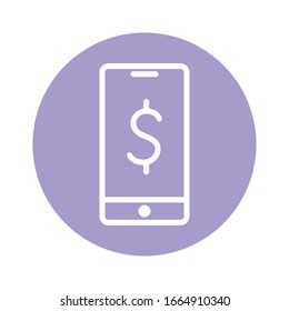 dollar inside smartphone line and block style icon design of shopping commerce market store shop retail buy paying banking and consumerism theme Vector illustration