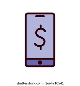 dollar inside smartphone line and fill style icon design of shopping commerce market store shop retail buy paying banking and consumerism theme Vector illustration