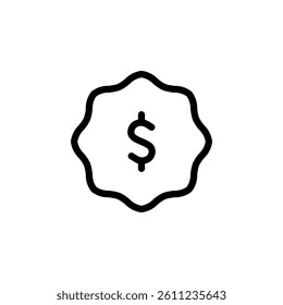 Dollar inside a wavy badge shape. Representing price, cost, value, money, finance, sale, discount, promotion, reward, and offer