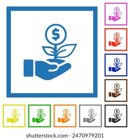 Dollar investment flat color icons in square frames on white background