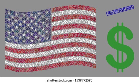 Dollar items are organized into American flag stylization with blue rectangle grunge stamp watermark of 40% Off Everything text.